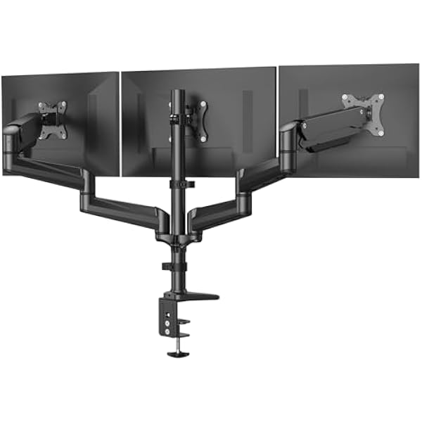 Bazaqo Triple Monitor Mount for 17 to 32 inch Screens, Gas Springs Adjustment Triple Monitor Stand with Swivel, Tilt, Rotation, Clamp & Grommet Kit (Black)