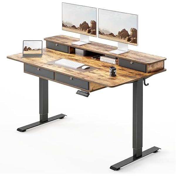 Bazaqo 55 x 30 inch Electric Standing Desk Adjustable Height with 4 Drawers, Sit Stand Desk, Home Office Stand Up Table with 4 Height-Adjustable Feets & 2 Hooks,Rustic Brown Top, 55 inch