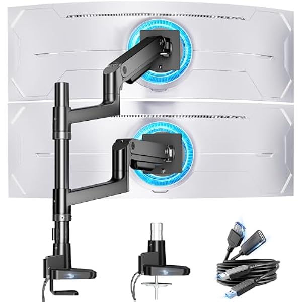 Bazaqo Dual Monitor Stand for Ultrawide Heavy Duty Curved Monitor Stacking, Fits 17-49 Inch, Vertical Gas Spring Double Monitor Mount with USB, Adjustable Dual Monitor Mount for Desk, Black