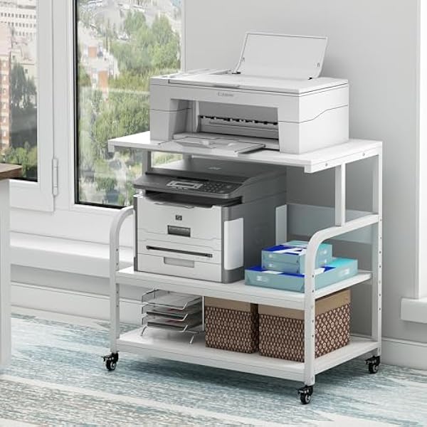 Bazaqo Printer Stand, 32.3" x 18.9" x 32.1" Extra Large Printer Table with Adjustable Storage Shelf, 3 Tier Rolling Printer Cart with Industrial Wheels for Home Office, White