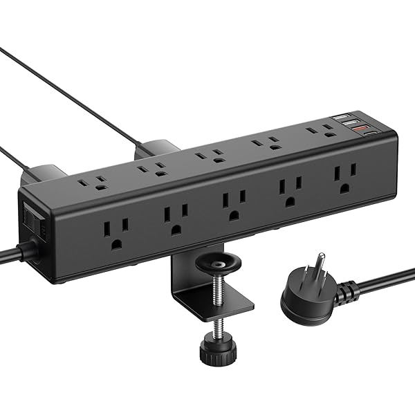 Bazaqo Standing Desk Clamp Power Strip with 15 Outlets, Widely Spaced Desktop Edge Mount Surge Protector Outlet, Fast Charging USB-A and USB-C Ports, 6 FT Flat Plug, Black Fit 1.6 inch Table top.