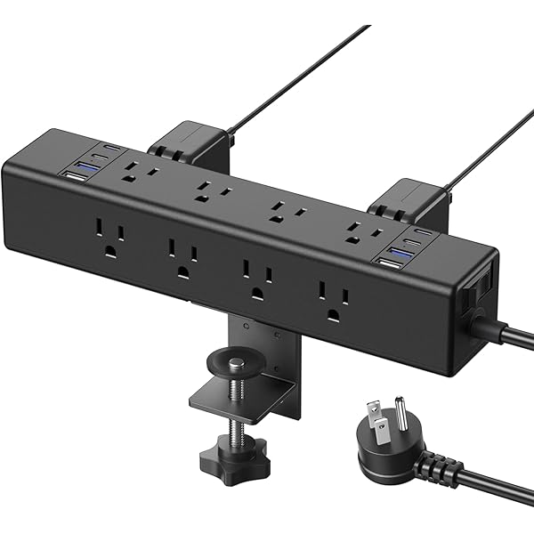 Bazaqo Desk Outlet Station 20W USB C Port. 12 Outlet Desktop Clamp Power Strip Surge Protector 4800J with Switch. Nightstand Office Standing Desk Accessories, Fit Thicker Table Edge or Screw Mount, 6FT