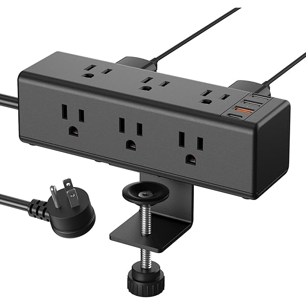 Bazaqo Desk Clamp Power Strip with 9 Outlets, Desktop Edge Mount Surge Protector with USB-A and USB-C Ports, Widely Spaced Desk Outlet Fast Charging Station, 6 FT Flat Plug, Fit 1.6 inch Table.
