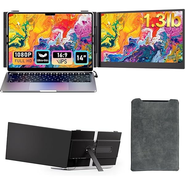 Bazaqo Laptop Screen Extender - Ultra-Thin 1.3lbs 14" FHD IPS Dual Portable Monitor Extension for Laptop, Attachment Plug & Play for 13-17" Laptops, Second Extra Travel Display for Windows/Mac/Android