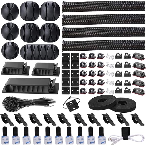 Bazaqo 192 PCS Cable Management Kit 4 Wire Organizer Sleeve,11 Cable Holder,35Cord Clips 10+2 Roll Cable Organizer Straps and 100 Fastening Cable Ties for Computer TV Under Desk, black,clear